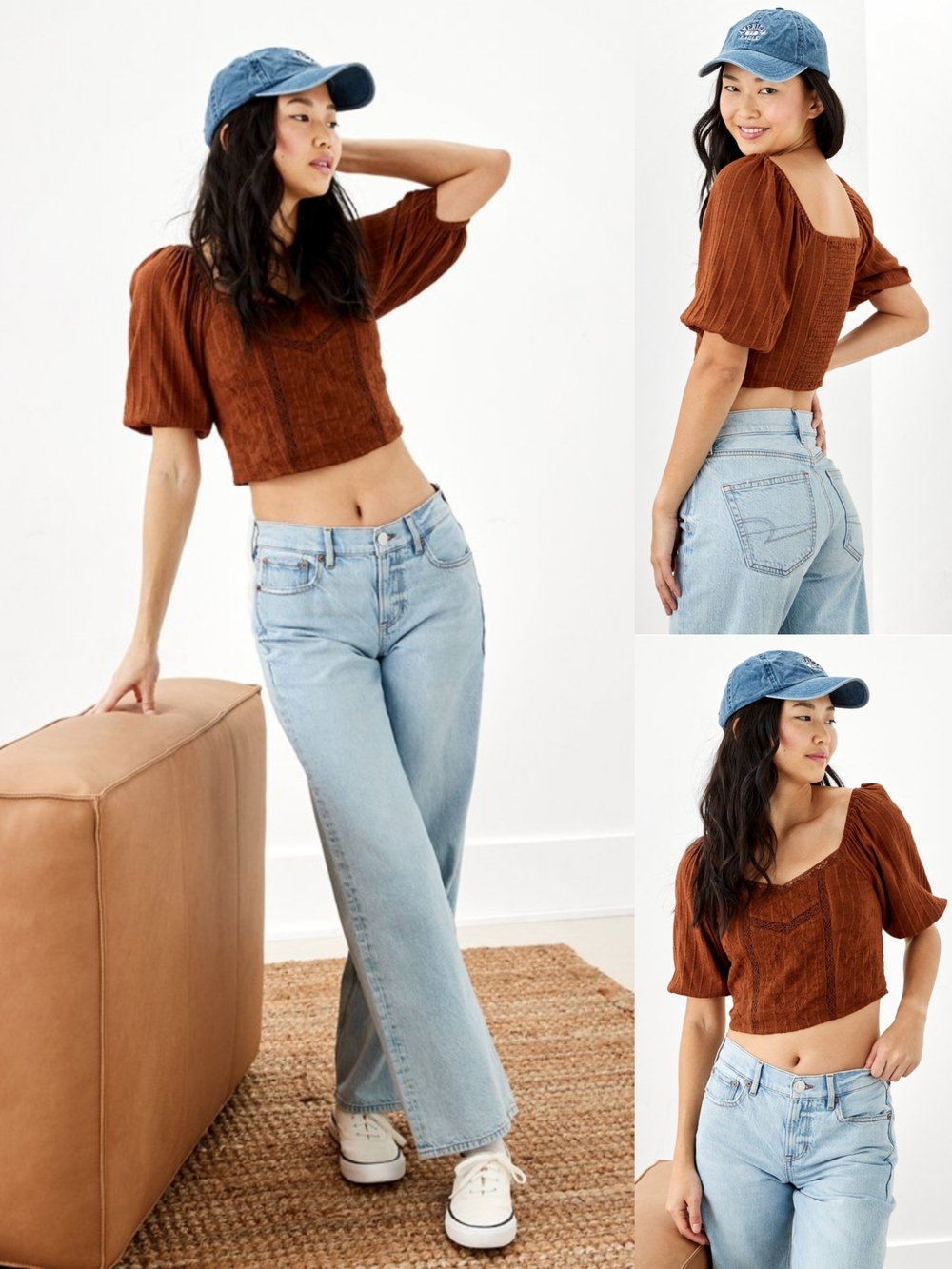 NEW American Eagle Cropped Puff-Sleeve Peasant Top Size Small